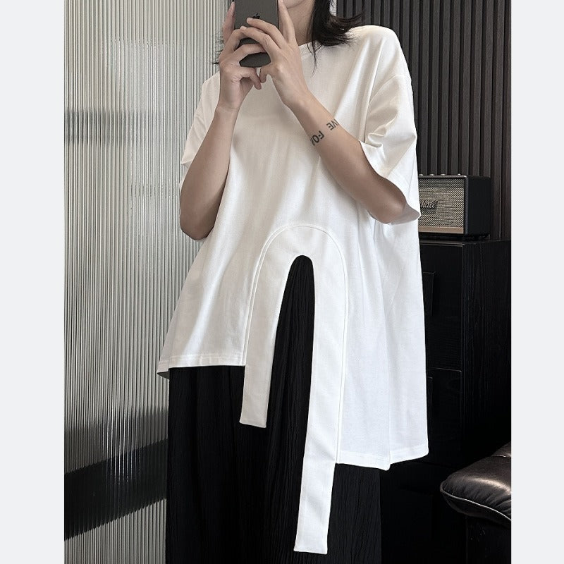 Cross cotton half sleeved T-shirt for women's summer new loose irregular black and white short sleeved top