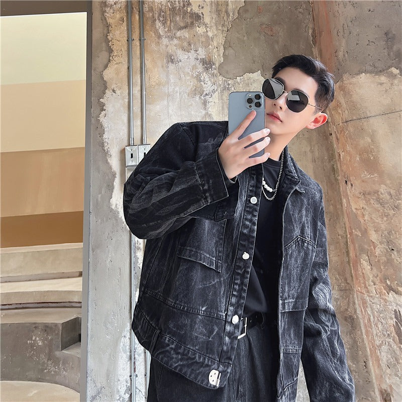 Washed denim jacket with retro trendy pocket design black gray denim jacket