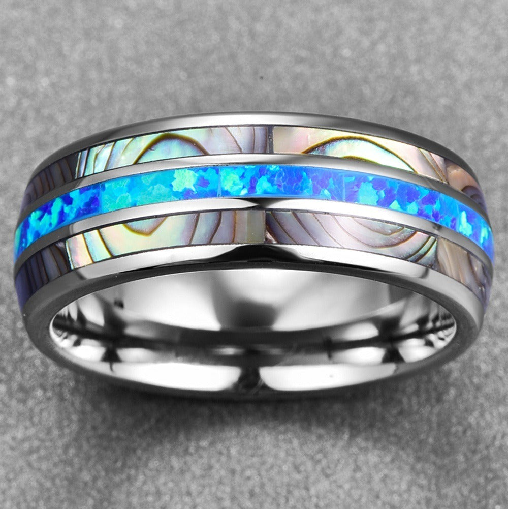 Fashionable and minimalist stainless steel men's ring with shell inlay and colorful shell inlay