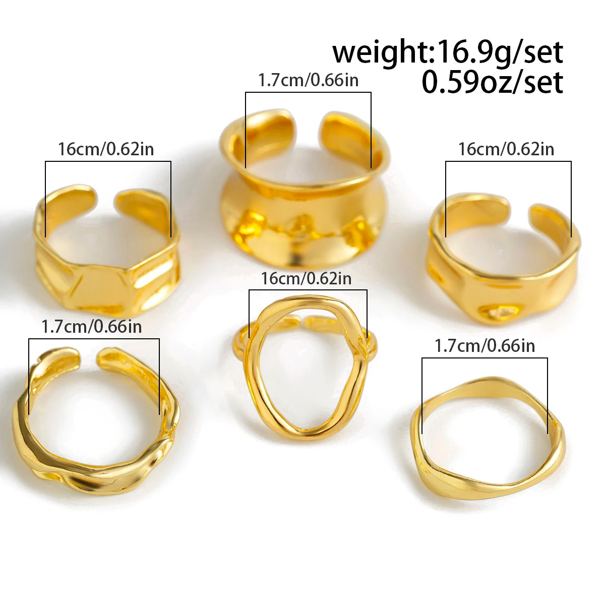 Ingemark 6Pcs/Set Punk Irregular Hollow Folded Metal Cuff Rings for Women Vintage Geometric Adjustable Open Finger Rings Jewelry