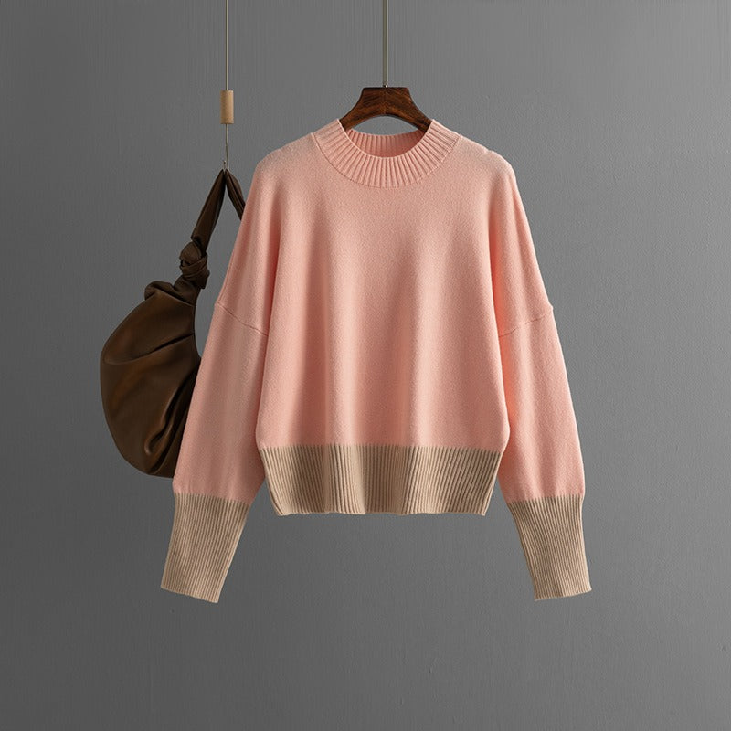 Women's knitted sweater round neck loose color blocked top sweater for women