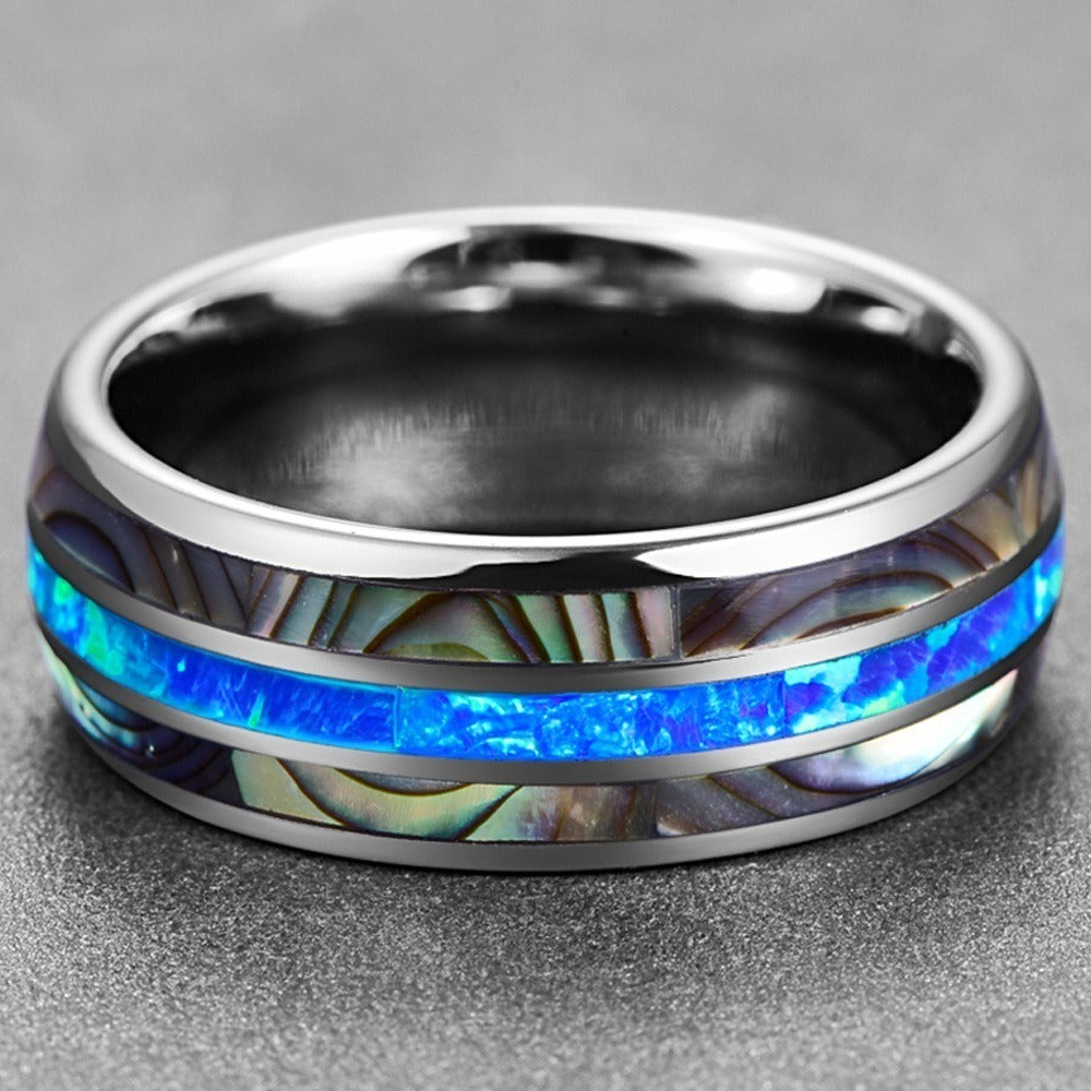 Fashionable and minimalist stainless steel men's ring with shell inlay and colorful shell inlay