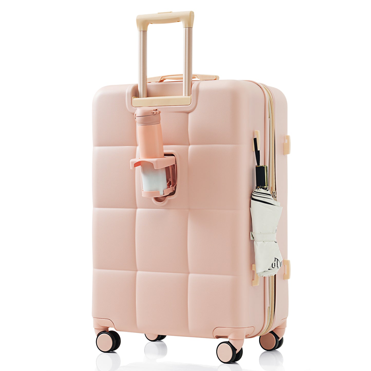 3-piece luggage set, 20 inches, ABS hard shell luggage with USB port and cup holder rotating wheel, pink color