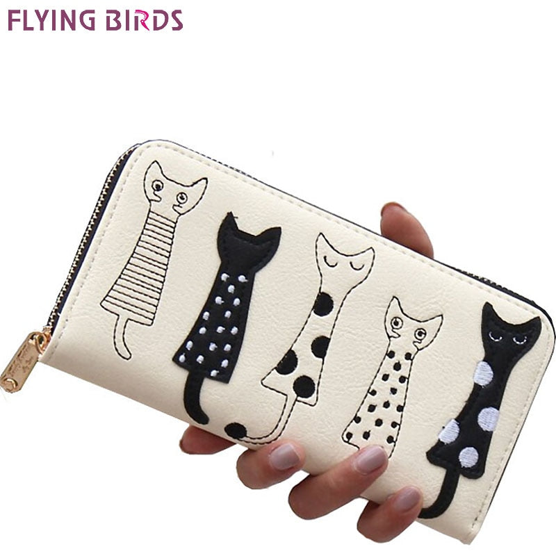 FLYING BIRDS! 2016 women wallets leather wallet long style dollar price Women bag card holder cartoon cat coin purse LS8723fb