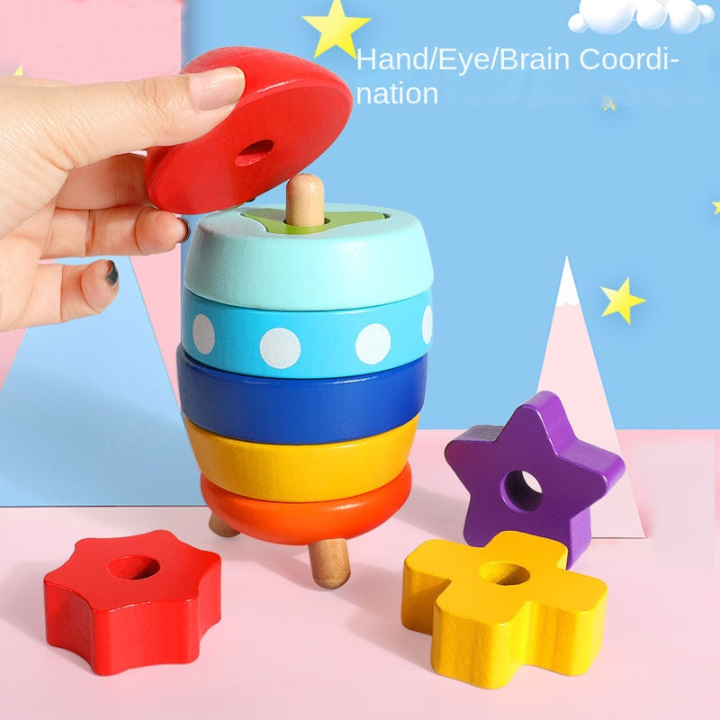 Stacked Rocket Wooden Children's Shape Matching Cognitive Geometry Toy Rainbow Tower Circle Stacked Music Collar Ring