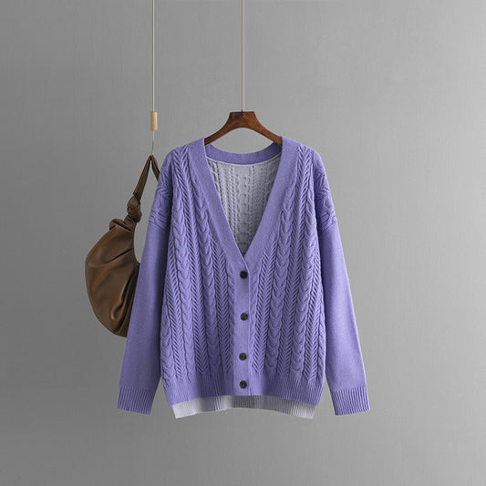 Loose color matching Fried Dough Twists V-neck knitted cardigan casual sweater coat female