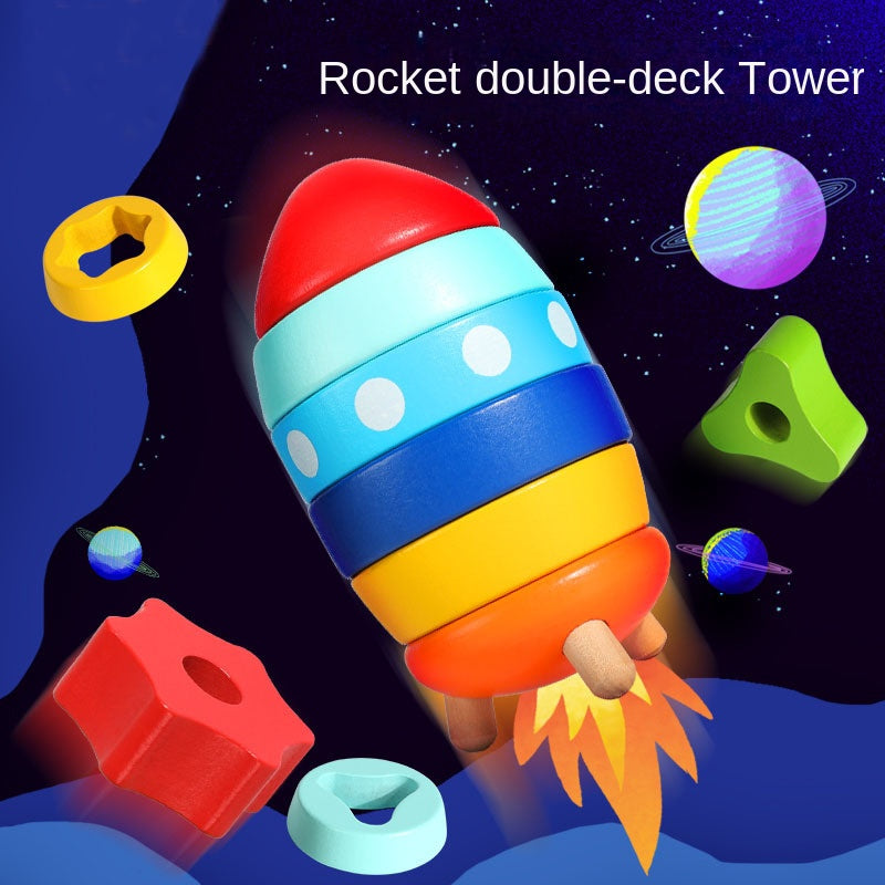 Stacked Rocket Wooden Children's Shape Matching Cognitive Geometry Toy Rainbow Tower Circle Stacked Music Collar Ring