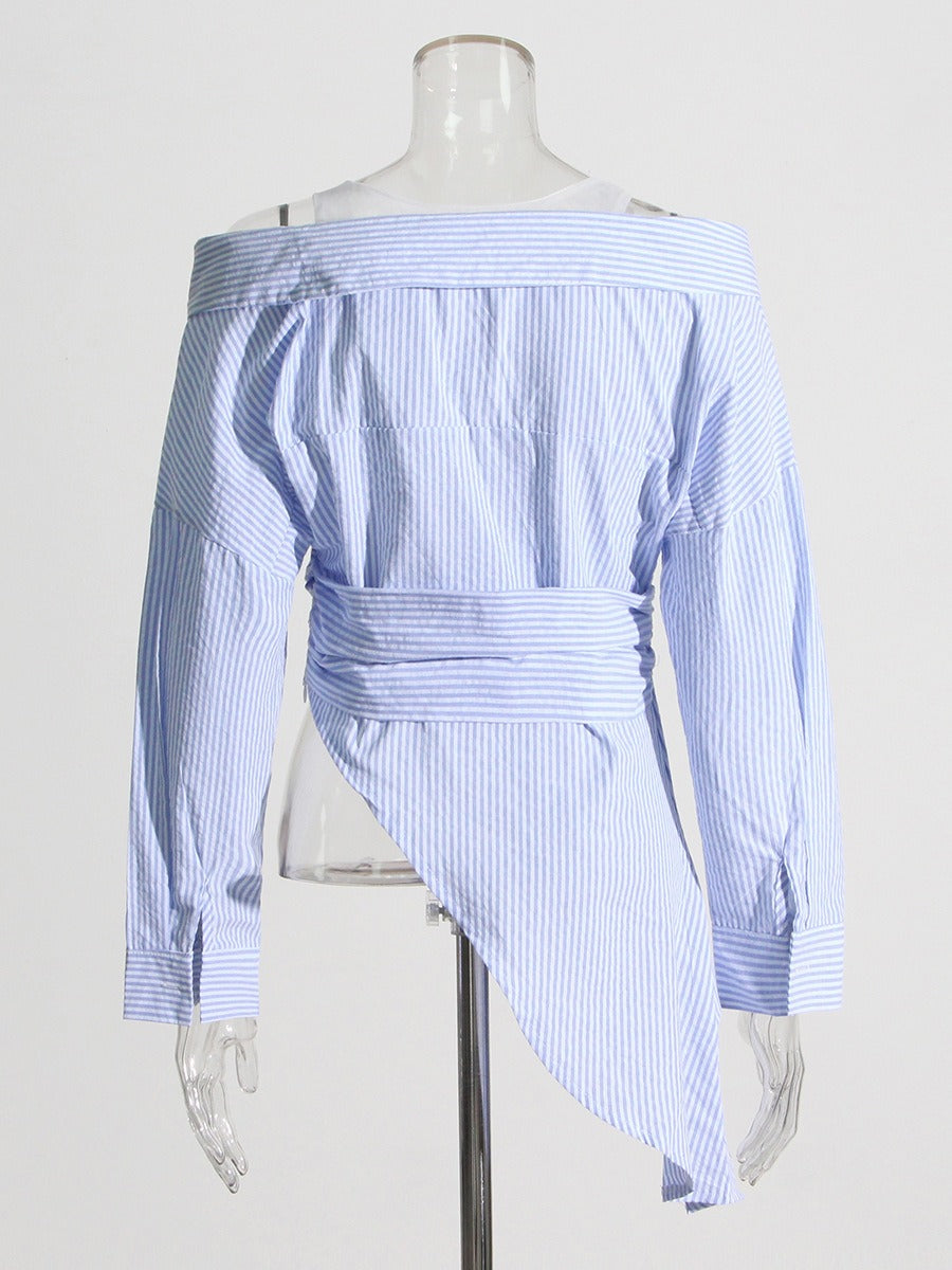 Striped shirt design with off shoulder and sexy features featuring an irregular lapel and waist cinching top