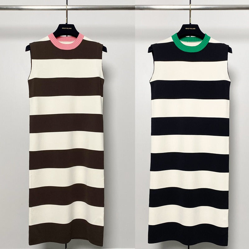 Vibrant contrasting collar loose striped knitted dress without