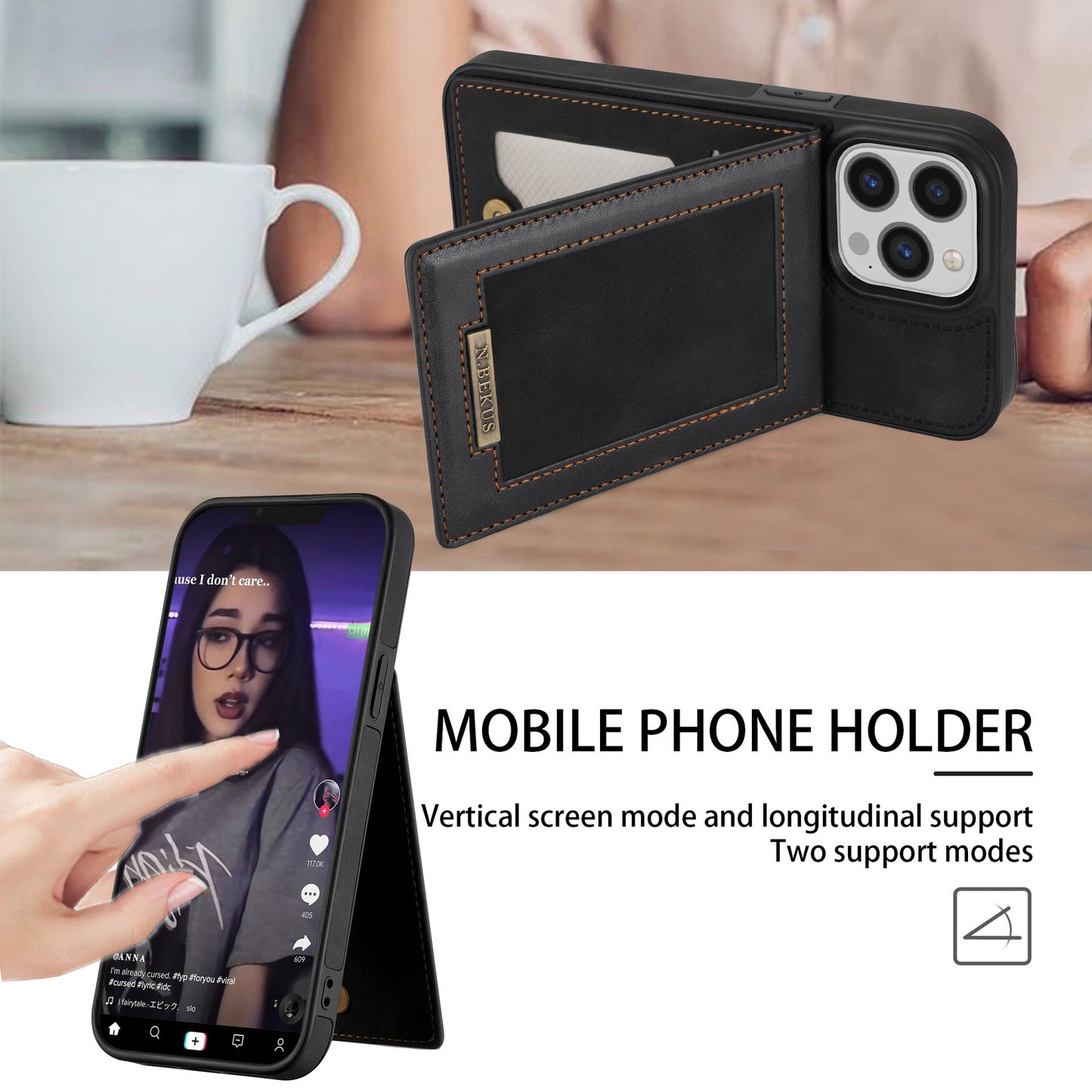 For iPhone 14ProMax Card Holder Phone Leather Case Samsung S23Ultra Photo Frame Magnetic Buckle Protective Case