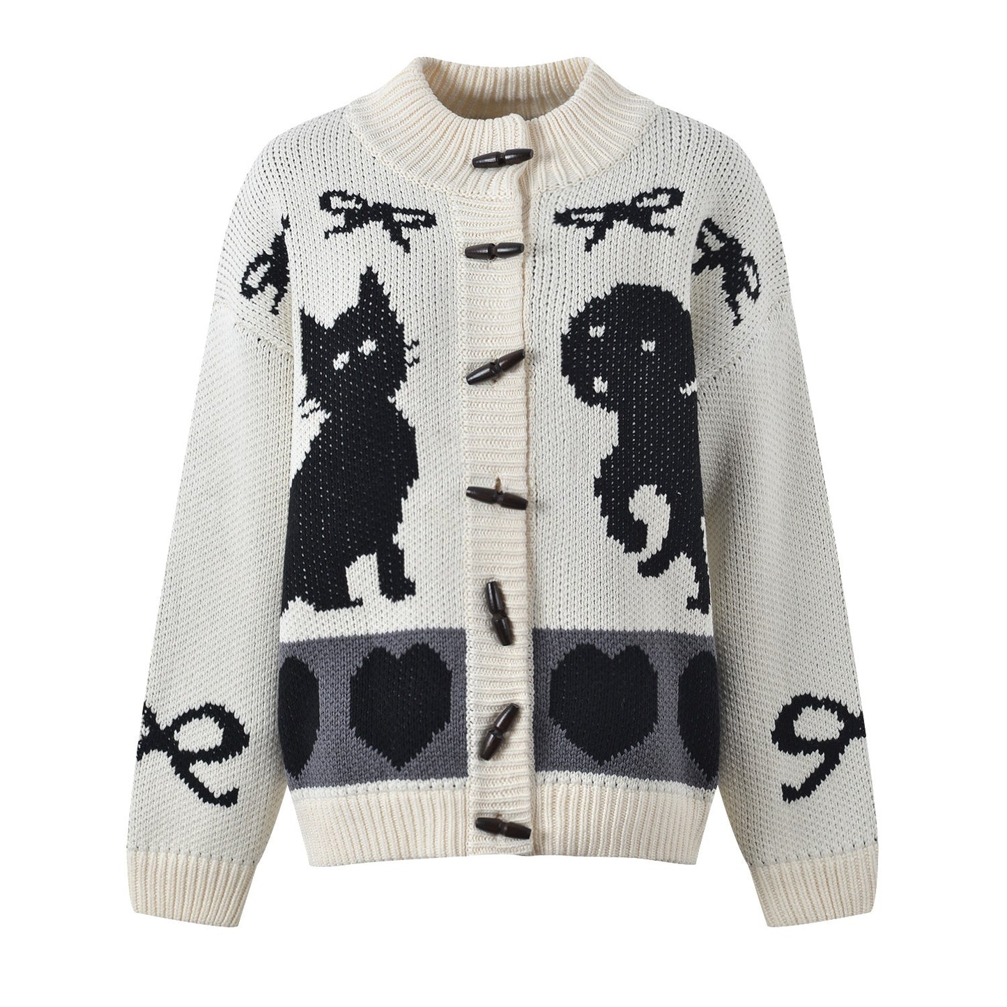 Dog love bow jacquard cow horn button knitted cardigan jacket fashionable and versatile niche top