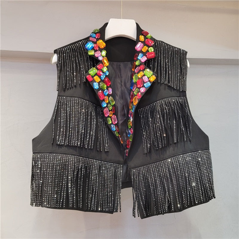 Colorful diamond tassel high waist temperament short suit vest women's trend