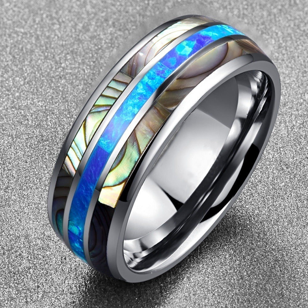 Fashionable and minimalist stainless steel men's ring with shell inlay and colorful shell inlay