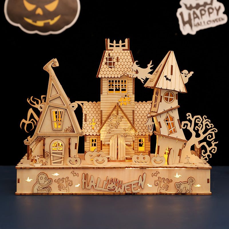 Houses halloween led light 3D wooden jigsaw puzzle puzzle toys handmade DIY gifts