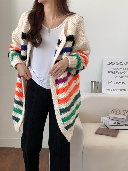 Lazy style contrasting color knitted cardigan sweater jacket imitation handmade hook knitted cardigan