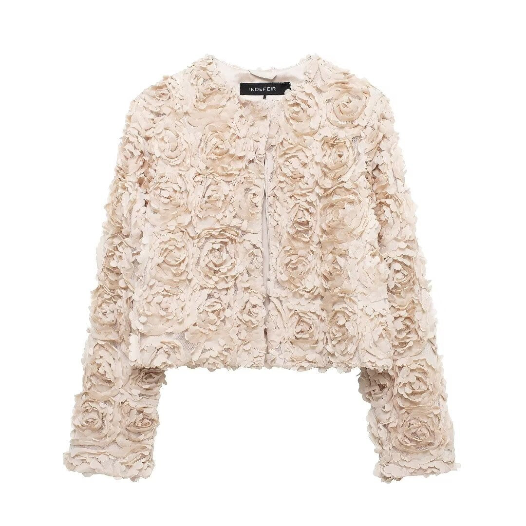 Fashionable temperament round neck long sleeved three-dimensional flower jacket for women