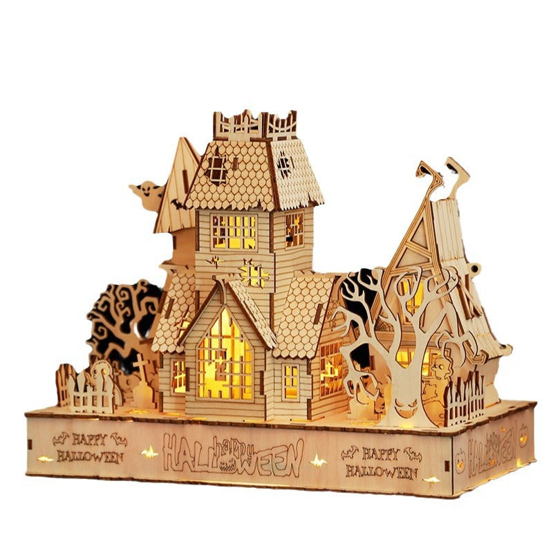 Houses halloween led light 3D wooden jigsaw puzzle puzzle toys handmade DIY gifts