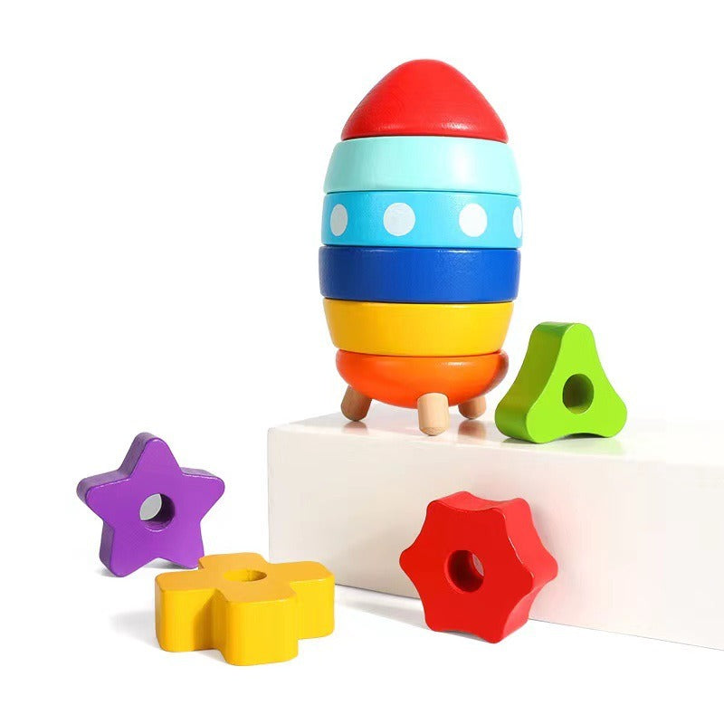 Stacked Rocket Wooden Children's Shape Matching Cognitive Geometry Toy Rainbow Tower Circle Stacked Music Collar Ring