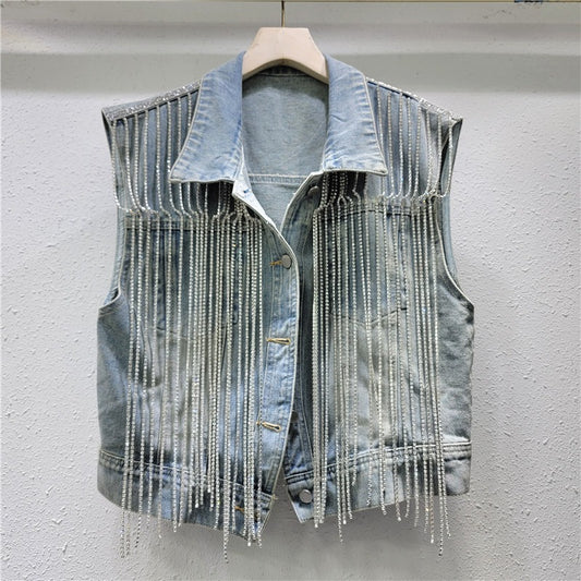 Loose explosion street heavy industry tassel short sleeveless denim vest jacket for women