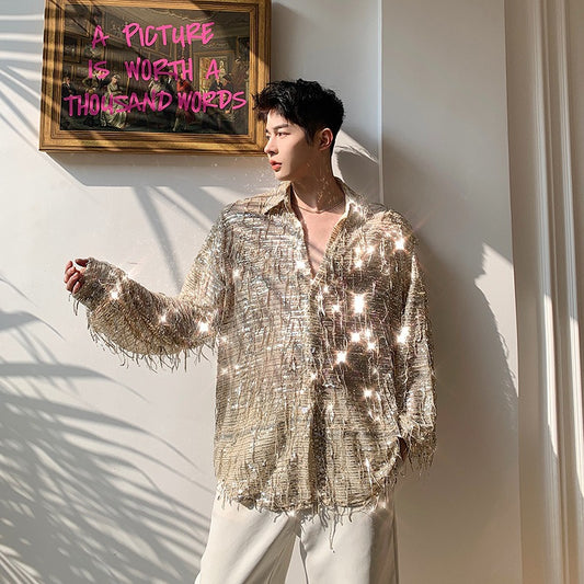 Sequin bead shirt men's heavy craft tassel shirt