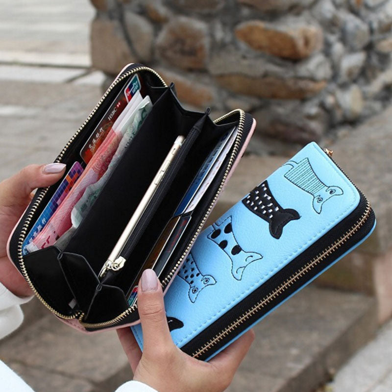 FLYING BIRDS! 2016 women wallets leather wallet long style dollar price Women bag card holder cartoon cat coin purse LS8723fb