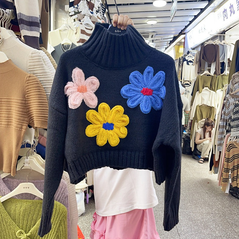 Splicing three-dimensional floral temperament high neck long sleeved sweater with loose and versatile design trendy short top