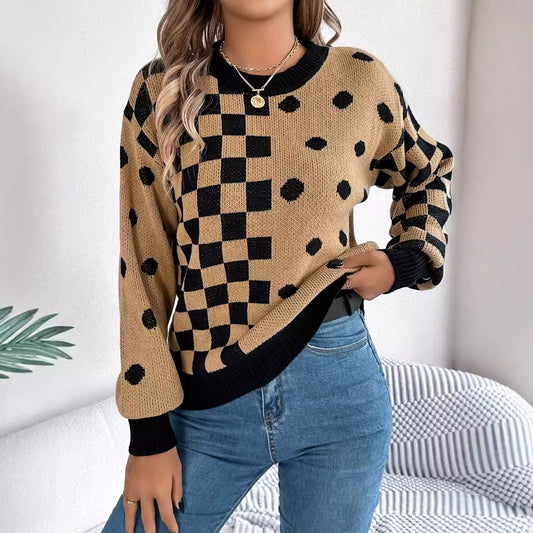 Casual contrasting polka dot checkered lantern sleeve sweater