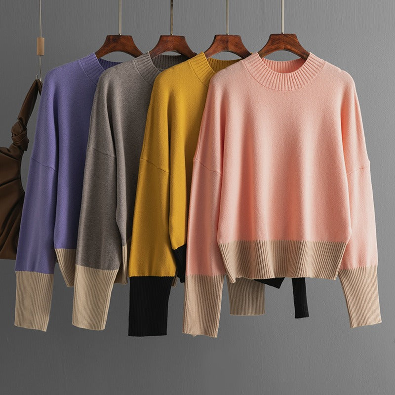 Women's knitted sweater round neck loose color blocked top sweater for women