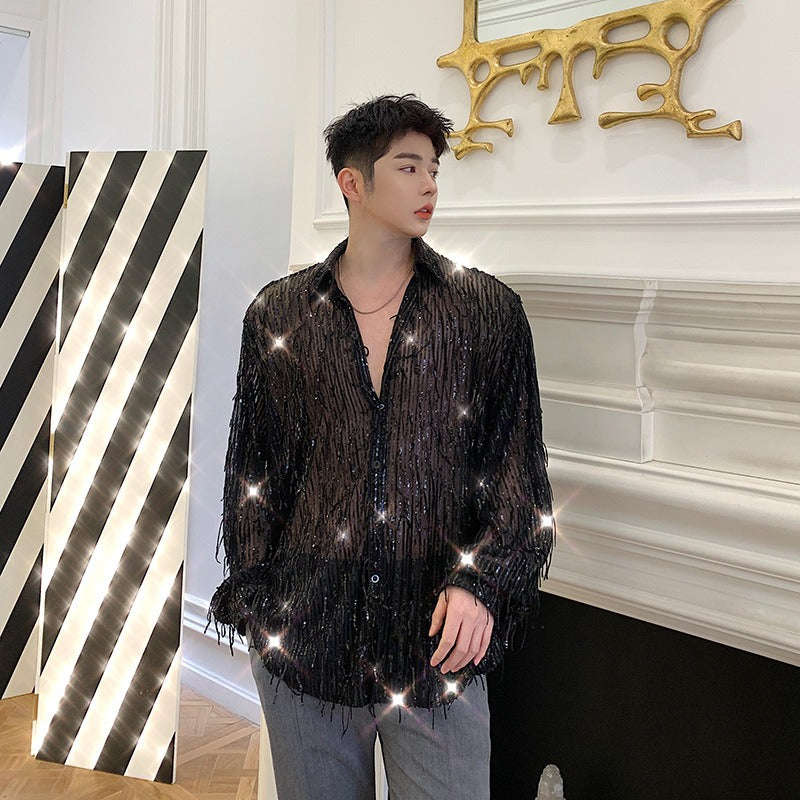 Sequin bead shirt men's heavy craft tassel shirt