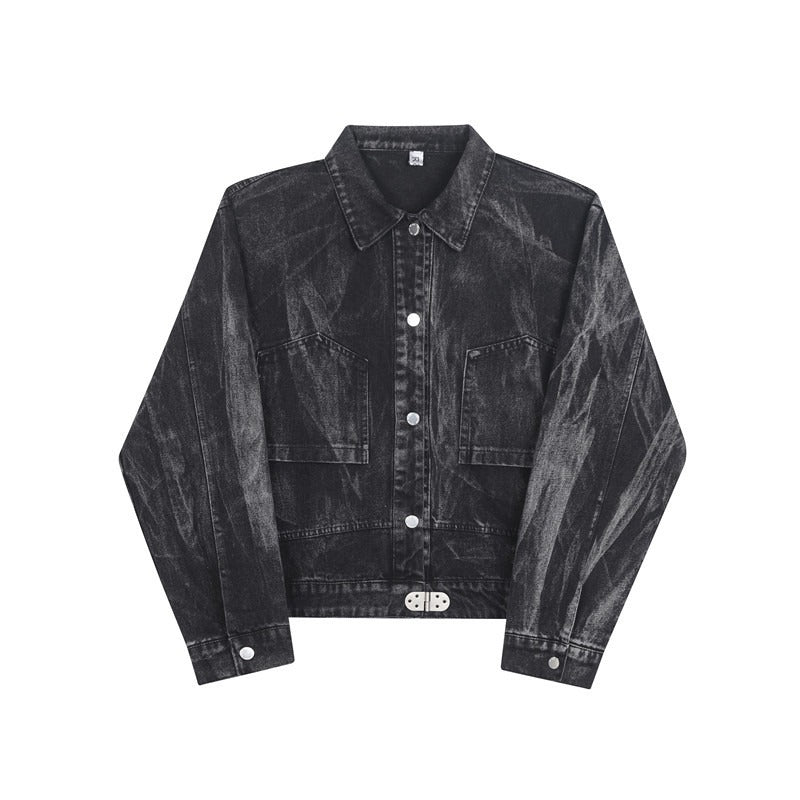 Washed denim jacket with retro trendy pocket design black gray denim jacket