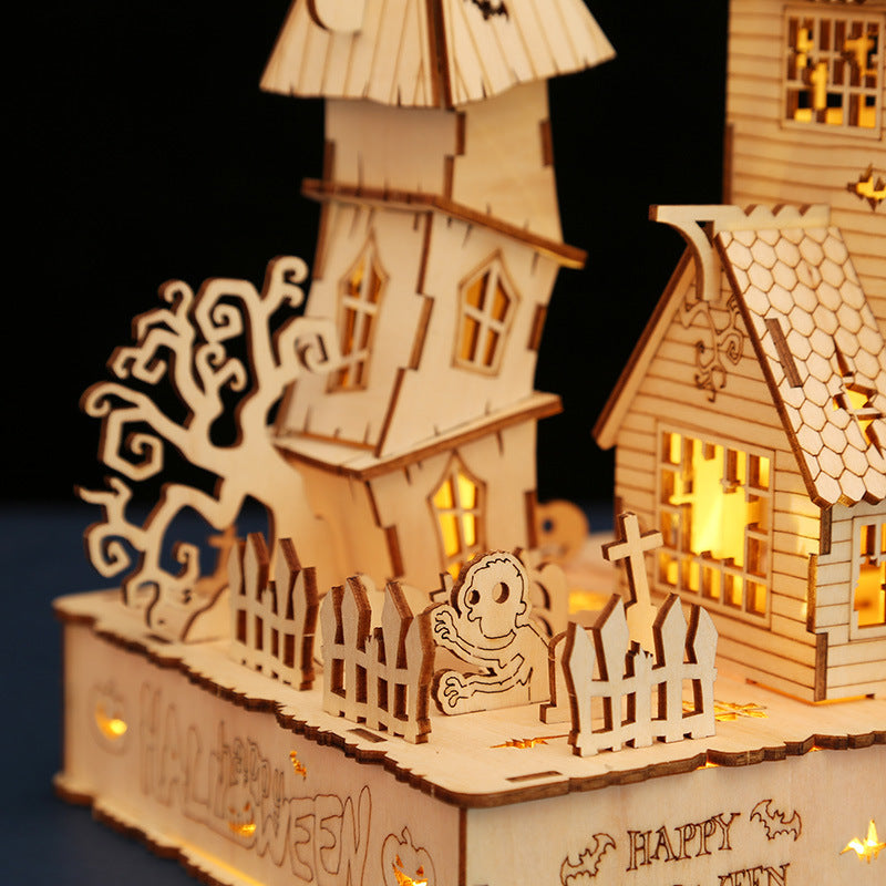 Houses halloween led light 3D wooden jigsaw puzzle puzzle toys handmade DIY gifts