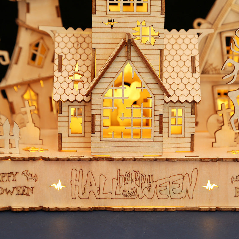 Houses halloween led light 3D wooden jigsaw puzzle puzzle toys handmade DIY gifts