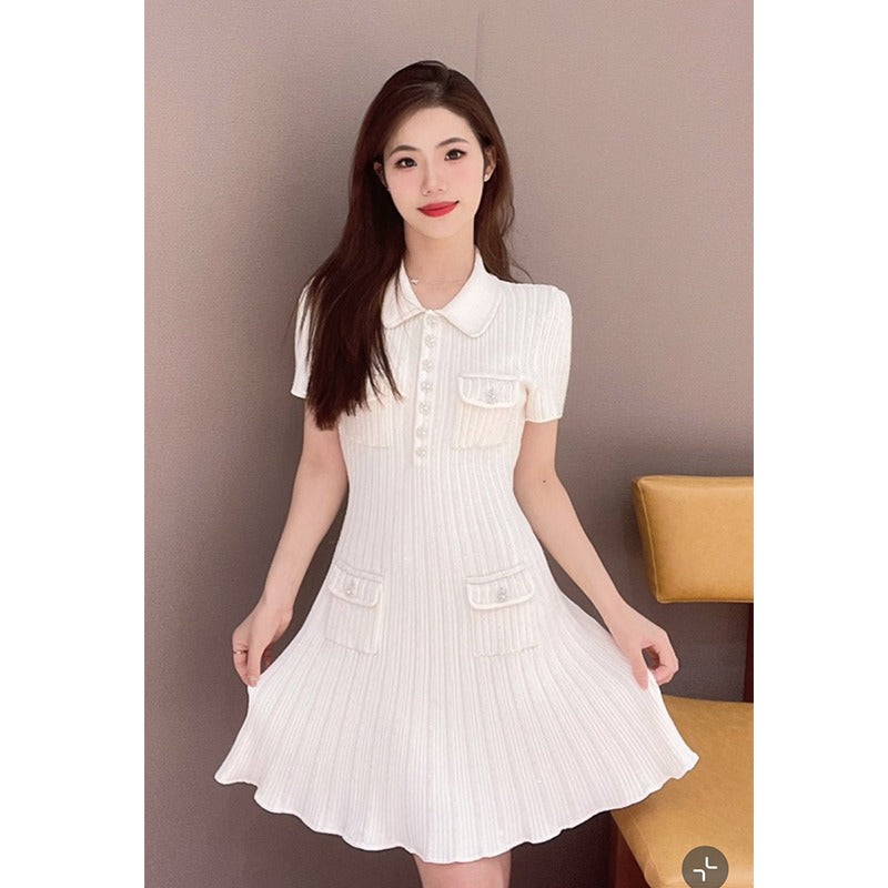 Early spring haze blue fragrance temperament wind thread knitted diamond button lapel short sleeved dress