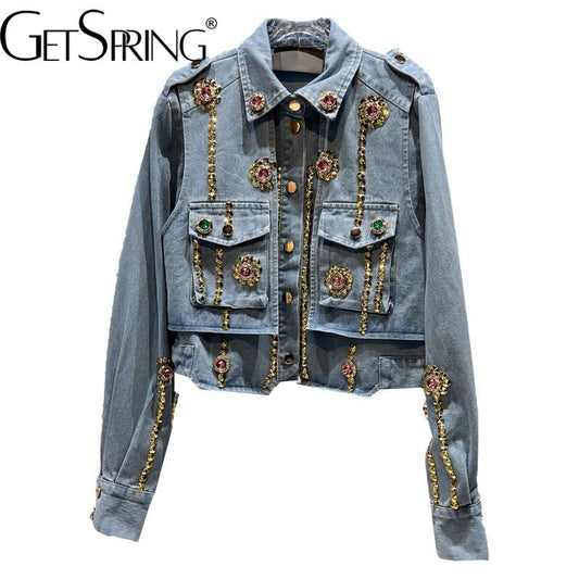 Women  Coat Bead Patchwork Color Matching Vintage Jeans Woman Vintage Leisure Blue Jaket Jeans Woman Fashion