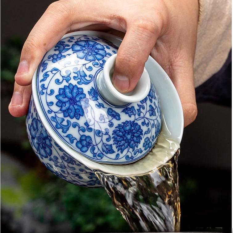 Ceramic set, three talents, covered bowl, old clay, retro kung fu tea set, tea bowl, underglaze tiger cup, Jingdezhen