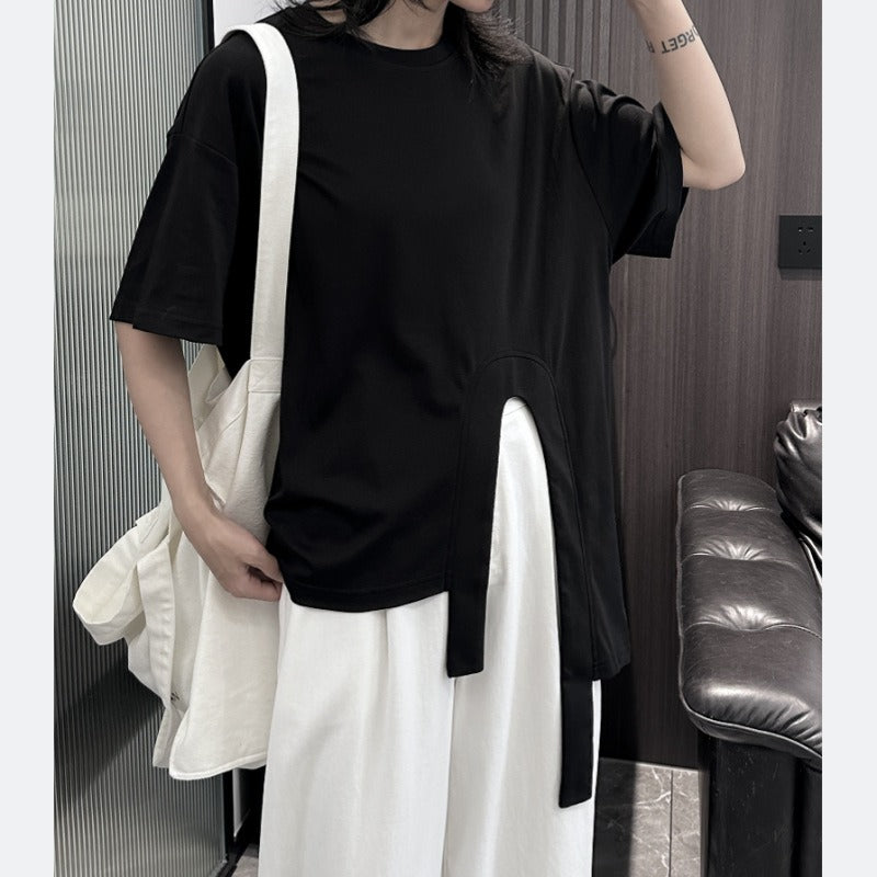 Cross cotton half sleeved T-shirt for women's summer new loose irregular black and white short sleeved top