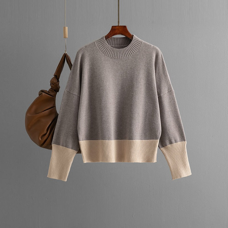 Women's knitted sweater round neck loose color blocked top sweater for women