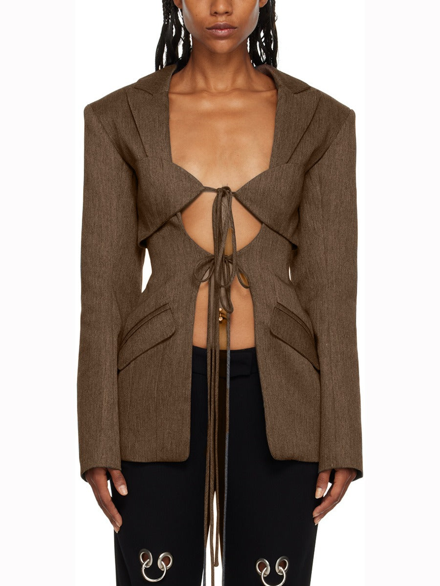 V-neck tie with hollow waist irregular splicing design stylish suit jacket for women