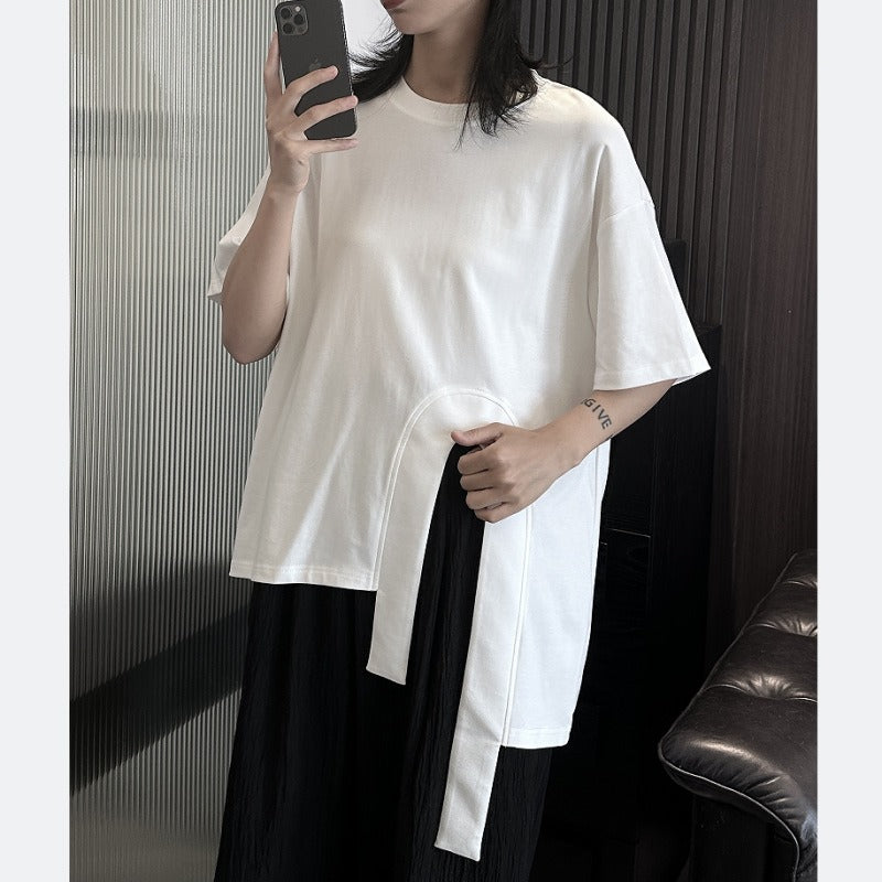 Cross cotton half sleeved T-shirt for women's summer new loose irregular black and white short sleeved top