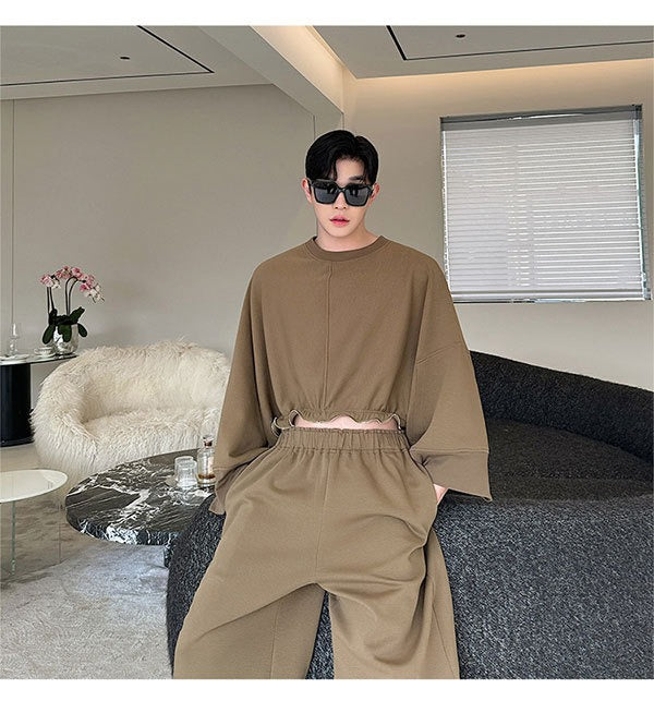 Adjustable short long sleeved sweatshirt set with fashionable design for both men and women paired with solid colored pants