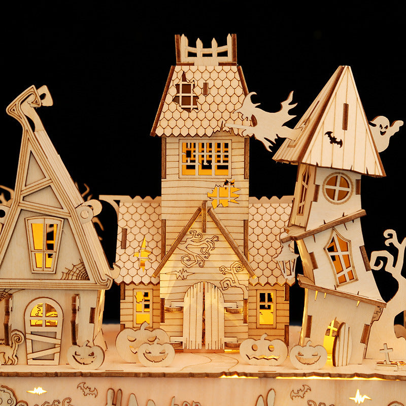 Houses halloween led light 3D wooden jigsaw puzzle puzzle toys handmade DIY gifts