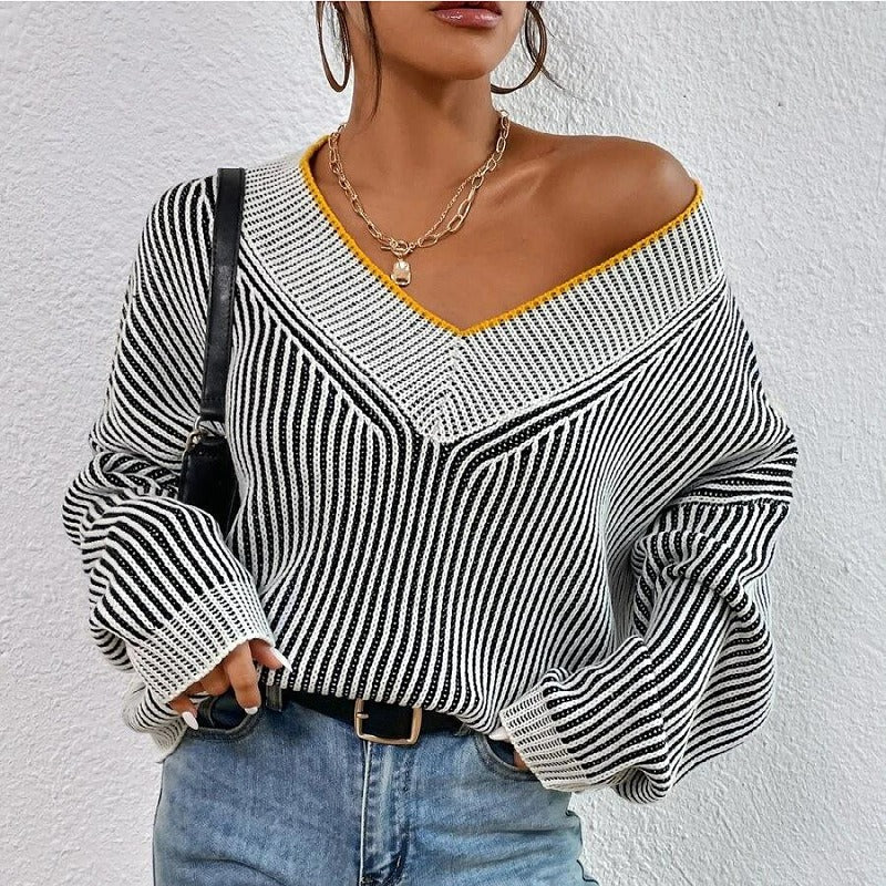 V-neck loose fitting slim bat sleeve sweater striped contrasting color pullover sweater top