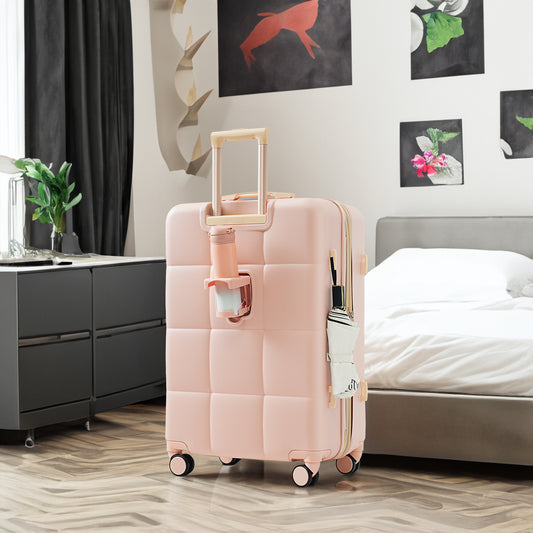 3-piece luggage set, 20 inches, ABS hard shell luggage with USB port and cup holder rotating wheel, pink color