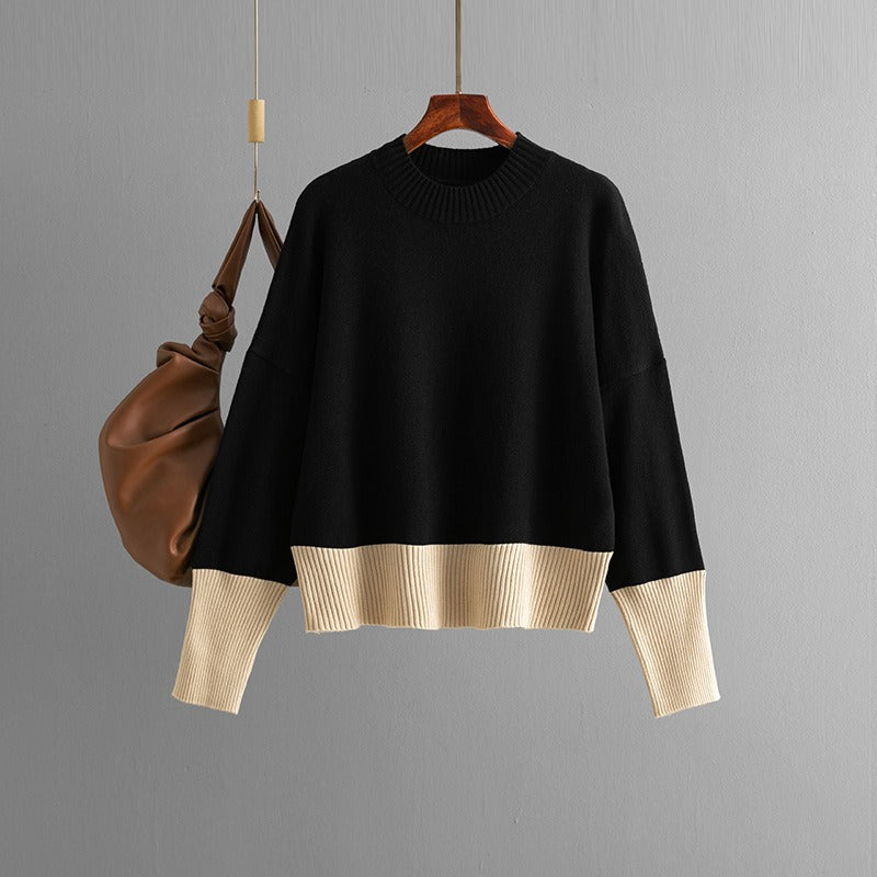 Women's knitted sweater round neck loose color blocked top sweater for women