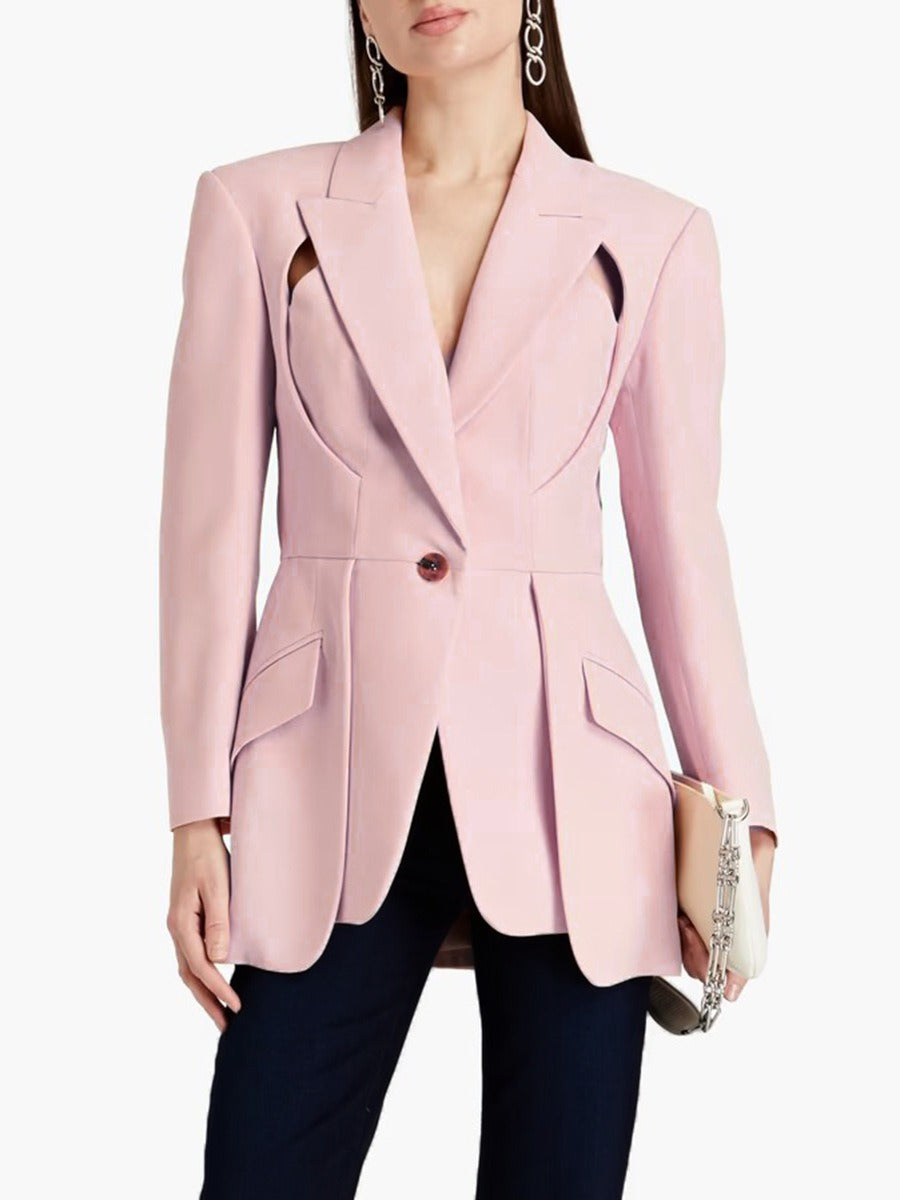 Design solid color suit with hollow out irregular suit jacket for women