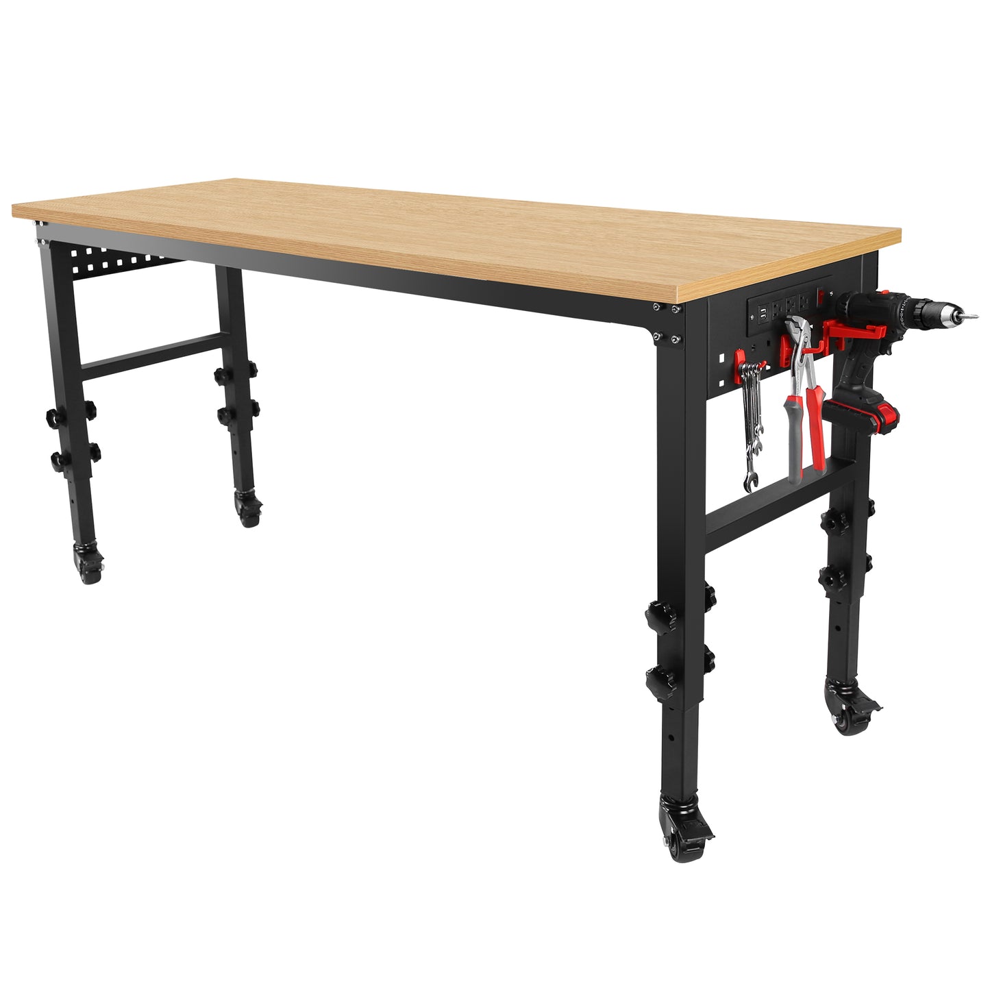 72 inch x 24 inch adjustable worktable, rolling heavy-duty worktable with power socket and wheels