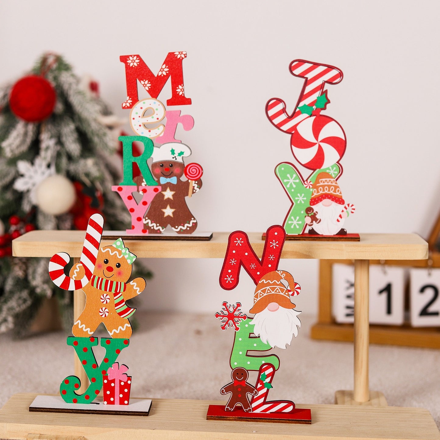 Christmas Home Table Colorful Wooden Christmas Table Cartoon English Letter Wooden Ornament