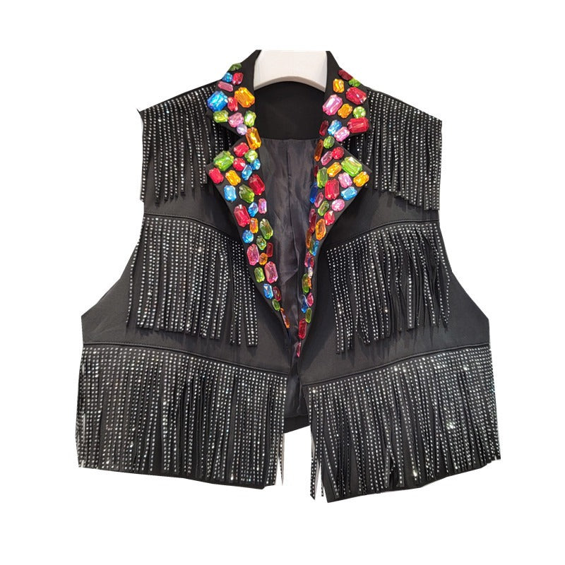 Colorful diamond tassel high waist temperament short suit vest women's trend