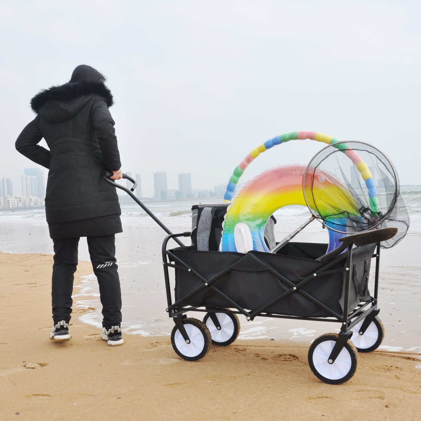 Folding Wagon Garden Shopping Beach Cart (Black)