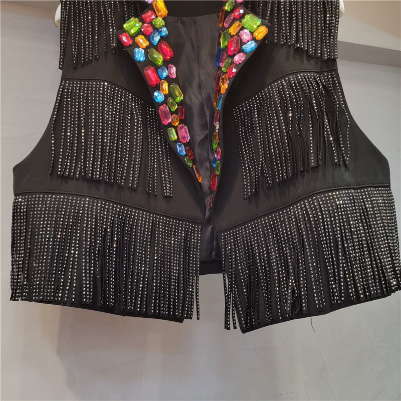 Colorful diamond tassel high waist temperament short suit vest women's trend